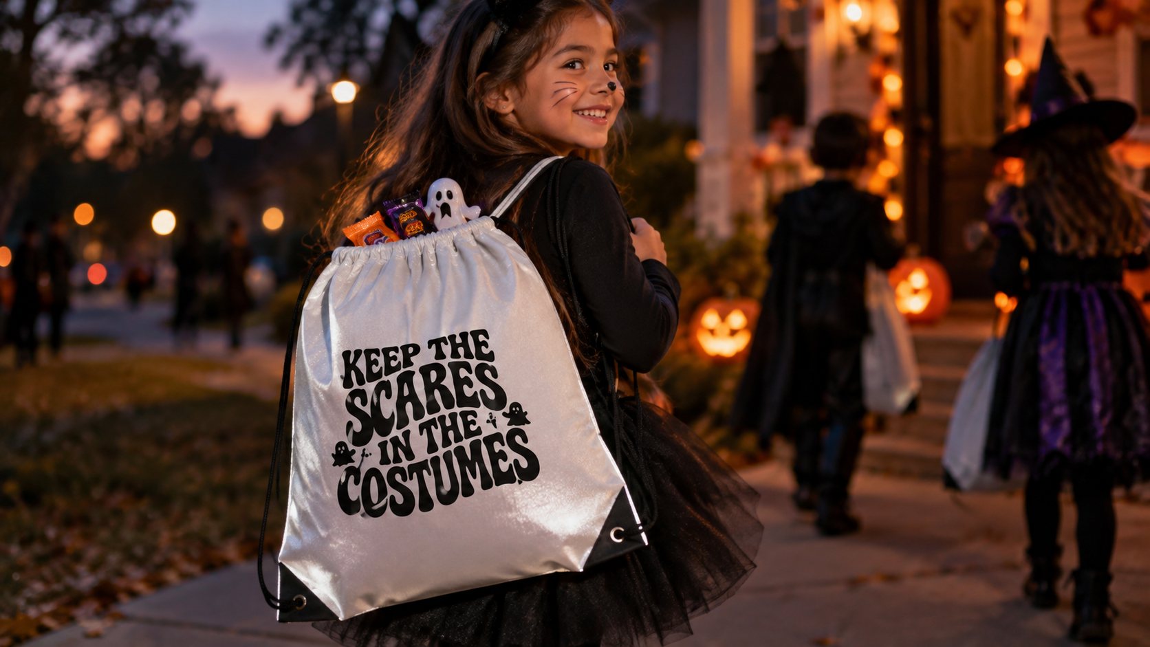 A child trick-or-treating at dusk with a reflective drawstring bag printed Keep the Scares in the Costumes