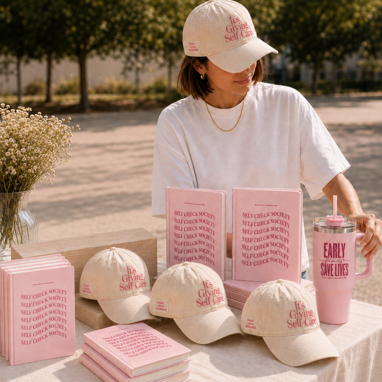 Health fair table with branded caps, journals and tumbler
