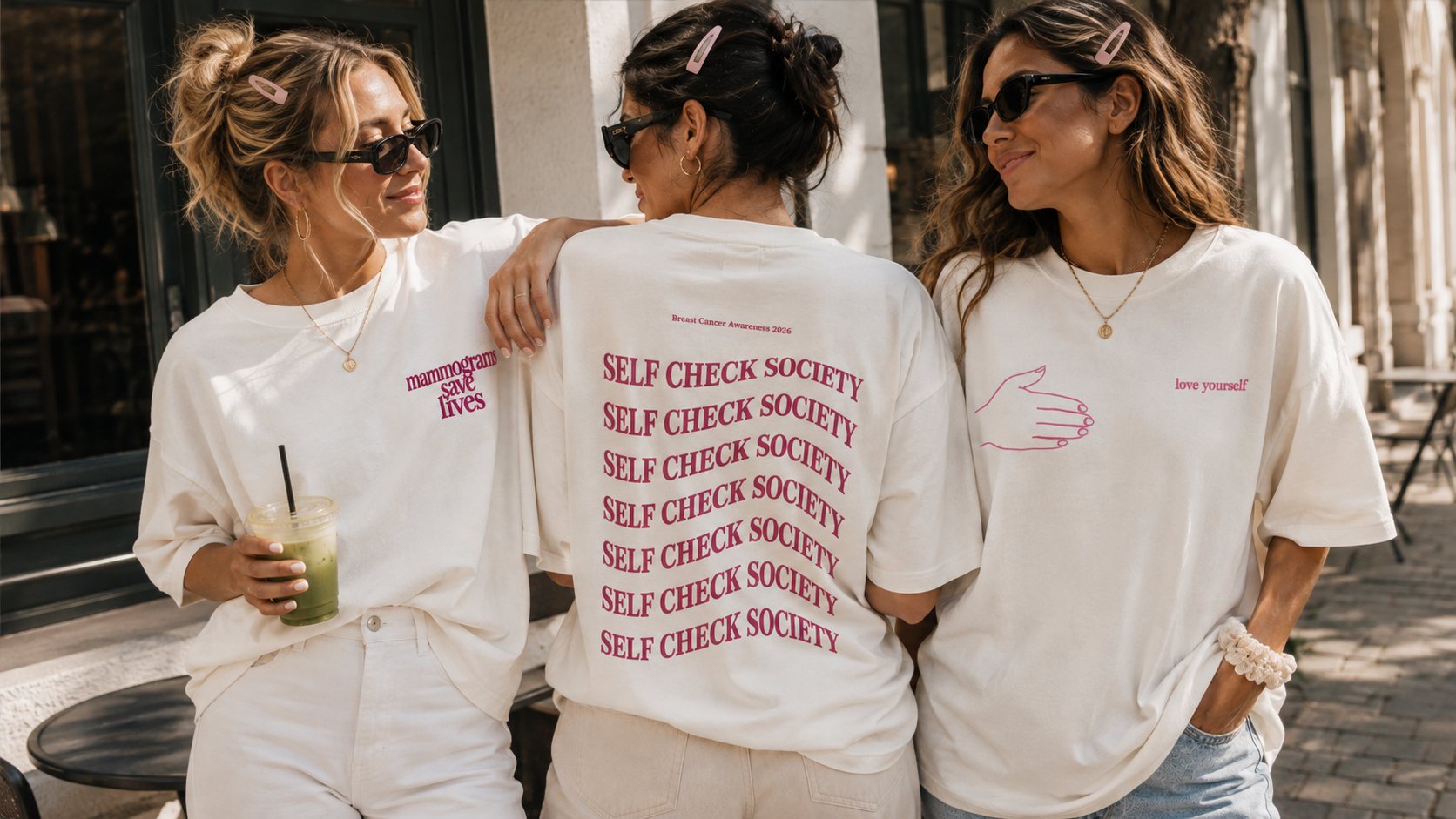 Team walking at an awareness event in branded pink shirts
