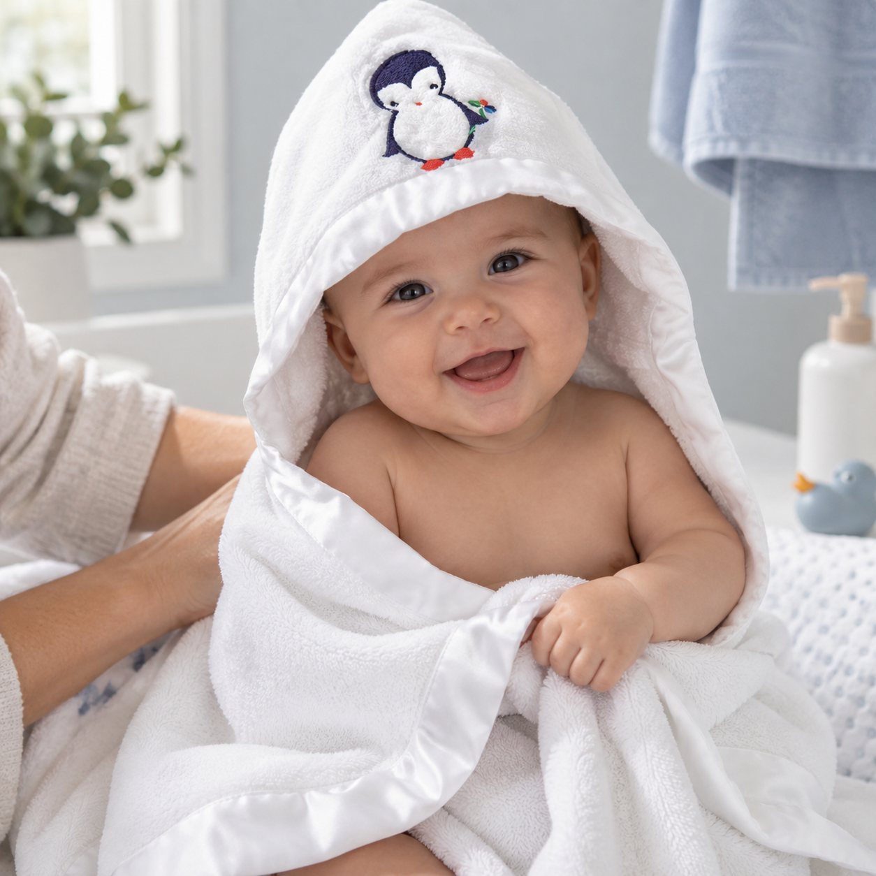 Baby wrapped in a branded hooded towel after a bath