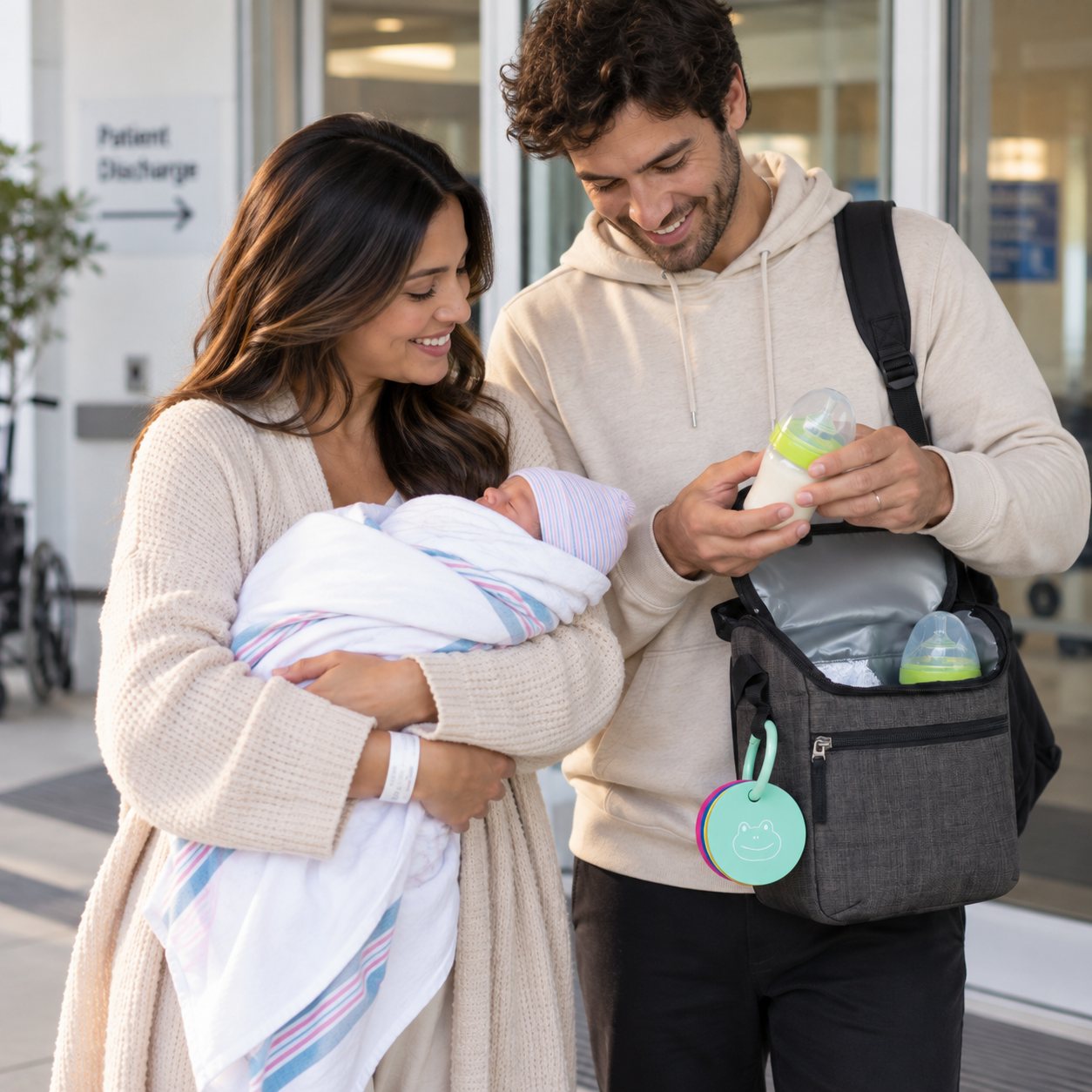 Parents leaving the hospital with a newborn and a branded diaper bag