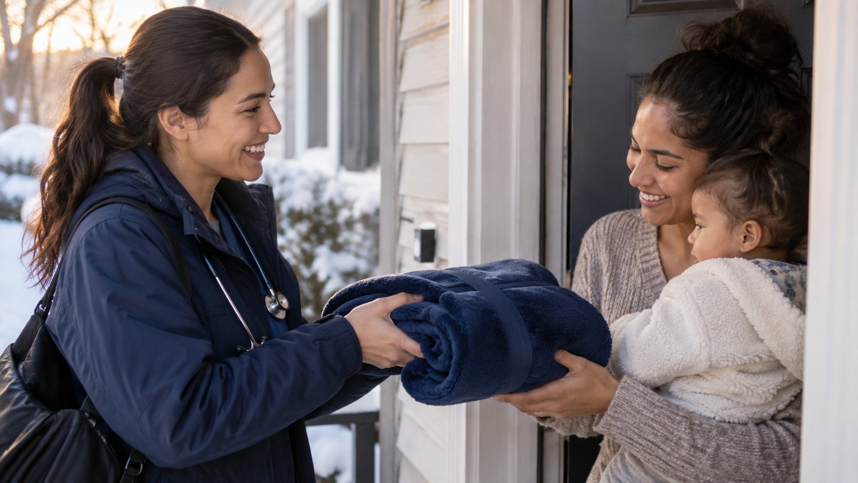 Nurse handing a new parent a folded blanket on a doorstep