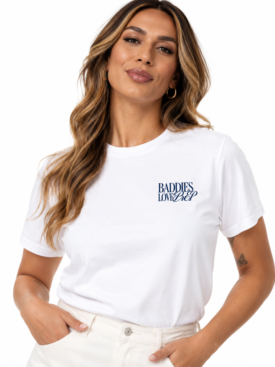 Baddies Love PrEP printed on a tee
